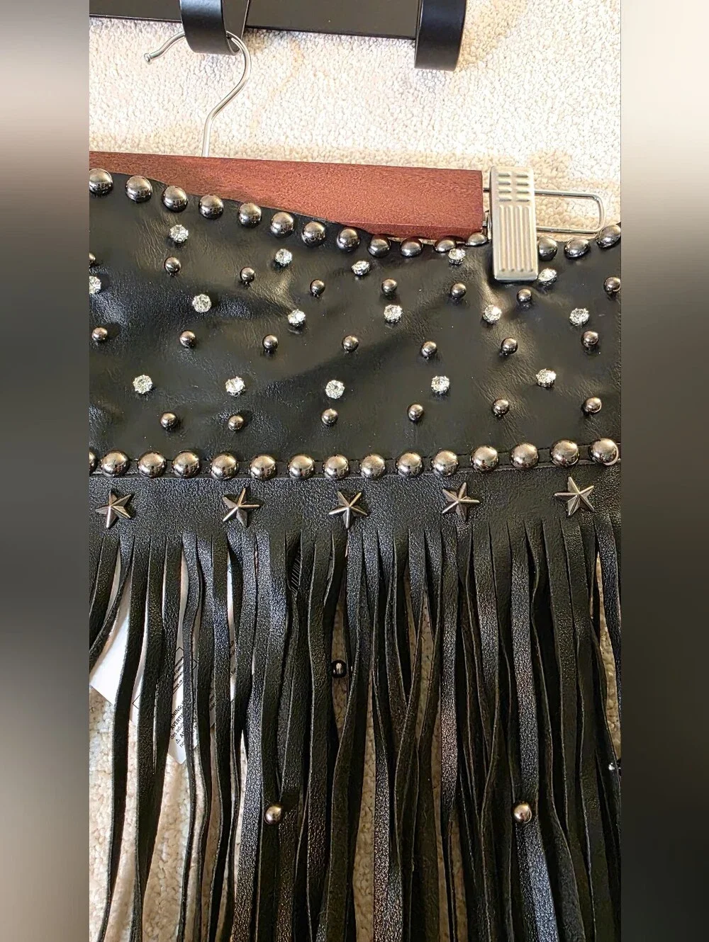 Long Faux Leather Black Studded Fringe Belt Western Boho Festival Punk OS NWT